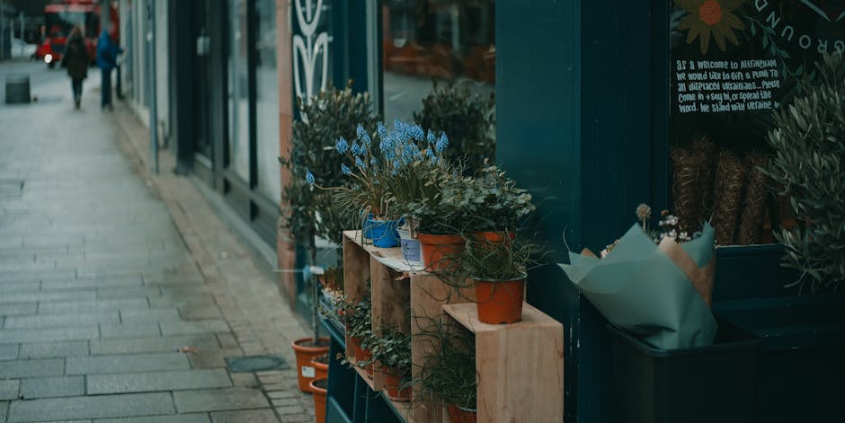 A display of potted plants and flower arrangements outside a flower shop on a sidewalk in Ealing, featuring blue and orange pots with lush green foliage and small flowers, arranged on wooden shelves a