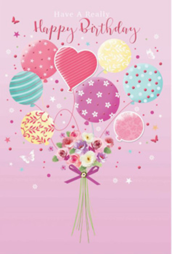 A softly luminous birthday card illustration shows balloons and blooms melding into one graceful composition, echoing the gentle pace of life around Ealing Broadway and its surrounding parks. The background is a dusty, blush-pink wash that recedes quietly, allowing the central design to shimmer. Rising from the lower half of the card, a cluster of balloons in pastel tones of pink, seafoam green, lemon yellow and fading lilac floats upward, their rounded shapes overlapping like lazy clouds drifting across an early evening sky. Each balloon is adorned with a unique pattern: some wear curved stripes that spiral around like festive ribbons, others are sprinkled with playful polka dots, while a few are brushed with tiny blossoms and swirling lines that add an almost storybook charm. A heart-shaped balloon rests near the centre, its gentle glow and shape adding an unmistakably affectionate note. Below this ensemble, a dainty, hand-tied bouquet forms the visual base. Small roses, daisies and anemone-style flowers in shades of ivory, blush and mauve are clustered tightly together, their petals layered and softly shaded so they appear plush and almost scent-laden, as if freshly arranged by an Ealing florist after a morning walk past the flower stalls. The stems are bound with a shimmering purple satin ribbon, tied in a neat bow with looping tails that curl in a natural arc. Around the florals and balloons, tiny starbursts, butterflies and speckled dots drift like confetti in a slow, celebratory swirl. The lighting across the scene is gentle and diffuse, creating a mellow glow that wraps the entire arrangement in warmth. This illustration feels like a quiet but deeply heartfelt birthday wish, ideal for pairing with a hand-delivered bouquet anywhere in Ealing.
