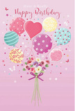 This illustrated birthday card presents a whimsical scene of floating balloons and fresh flowers that would feel right at home on a windowsill overlooking Ealing's green streets. The background is a soft pink canvas, smooth and calming, against which a gathering of pastel balloons seems to hover and drift. Shades of blush, mint, lemon and lavender blend harmoniously, each balloon slightly translucent, as though catching and diffusing soft morning light. Adorning their surfaces are playful designs - candy-cane stripes that twist around their curves, cheerful polka dots that dance across the colour, and fine floral and swirling linework that adds an artistic, hand-finished feel. Near the centre, a heart-shaped balloon glows subtly, infusing the image with emotion and tenderness. At the base of this floating cluster rests a neat, hand-tied bouquet. Creamy ivory roses and daisy-like flowers mingle with anemone-style blooms in blush and mauve, their petals ruffled and layered, giving the impression of freshly opened flowers arranged just minutes ago in a local Ealing workshop. A sleek violet satin ribbon gathers the stems together, forming a tidy bow whose loops and ends catch the light with a delicate sheen. Scattered stars, tiny butterflies and soft specks of colour flutter around the main design like birthday confetti caught in slow motion. The overall mood is light, airy and gently festive, conveying the magic of a birthday morning shared with someone dear. Crafted with the same care an experienced florist would bring to a real bouquet, it's the kind of card image that perfectly complements a thoughtful, locally delivered birthday arrangement in Ealing.